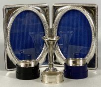 SILVER COLLECTABLES, including modern twin photograph frame, trumpet form vase, and three oval