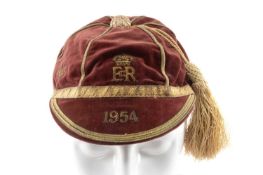 RUGBY UNION CLUB HOUSE: 1954 BRITISH ARMY CAP FOR H.F. MCLEOD, red velvet cap with ornate gold braid