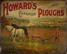 ADVERTISING CLUB HOUSE: HOWARD'S CHAMPION PLOUGHS RARE VINTAGE TIN SIGN, pressed metal,