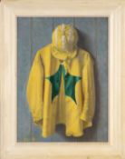 HORSERACING CLUB HOUSE: JOHN FLINT (20th C.) oil on board - 'Racing Colours', green & yellow