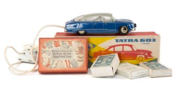 TOY & MODEL CLUB HOUSE: VINTAGE CZECH ITES TATRA 603 CAR & 4 CARD GAMES, car with blue plastic body,