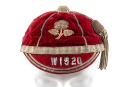 RUGBY UNION CLUB HOUSE: 1920 ENGLAND CAP PRESENTED TO JAMES RYLAND MORGAN (1887-1961) AFTER HIS ONLY