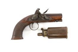 GUN CLUB HOUSE: EARLY 19TH CENTURY IRISH TRAVELLING FLINTLOCK PISTOL & FLASK, pistol by Rigby (