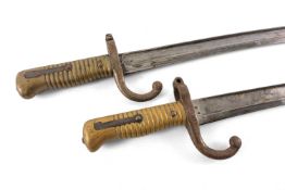 MILITARY CLUB HOUSE: TWO FRENCH M1866 CHASSEPOT YATAGHAN SWORD BAYONETS, back edge of the T