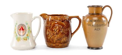 ADVERTISING CLUB HOUSE: THREE POTTERY JUGS, comprising Doulton Lambeth stoneware jug, moulded Prince