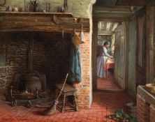 VALENTINE THOMAS GARLAND (British, 1840-1914) oil on panel – cottage interior with inglenook and