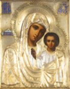 RUSSIAN ORTHODOX ICON, oil on panel - Our Lady of Kazan, overlaid with engraved parcel gilt silver