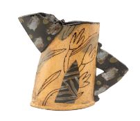 ‡ JOHN MALTBY (British, 1936-2020) stoneware - Jug form, painted with stylised leaves/flowers,