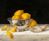 ‡ ROY HODRIEN (British, born 1957) oil on panel - 'Lemons in a Silver Bowl with Oysters', still