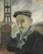 WELSH/NORTHERN ENGLAND SCHOOL oil on card - portrait of miner wiping off coal dust at pit head, 52 x