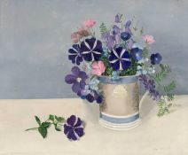 ‡ AUDREY JOHNSON (British, 1918-2010) oil on board - still life of wildflowers in a mochaware