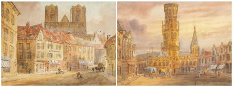EDWARD NEVIL (British, 1813-1901) watercolours (a pair) - 'Bruges' and 'Rheims', Gothic buildings