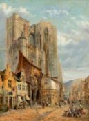 ADRIANUS EVERSEN (Dutch, 1818-1897) oil on board - believed to depict the Cathedral of Huy, Belgium,
