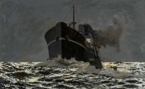 ‡ CHARLES PEARS, RI ROI RSMA (British, 1873-1958) mixed media - 'British Cargo Steamer Rams U-Boat',