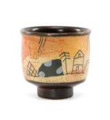 ‡ JOHN MALTBY (British, 1936-2020) stoneware - Chawan or Yunomi, painted with stylised buildings,