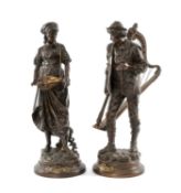 EUTROPE BOURET (French, 1833-1906), parcel gilt bronze - 'Sans Famille' & 'La Grace de Dieu', pair