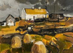 ‡ DONALD MCINTYRE (1923-2009) acrylic - Irish landscape, entitled verso, 'Haystacks at Bunowen' on