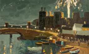 ‡ DONALD MCINTYRE (1923-2009) acrylic on board - Conwy Castle with fireworks to celebrate Queen
