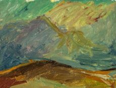 ‡ PETER PRENDERGAST (Welsh 1946-2007) oil on paper - semi-abstract landscape, 17 x 22cms Provenance: