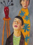 ‡ MEIRION GINSBERG (Welsh b.1985) oil on canvas - entitled verso, 'Figures with Vase' on Martin