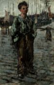 ‡ SIR FRANK BRANGWYN RA (1867-1956) oil on canvas - young dockworker standing on quayside, signed
