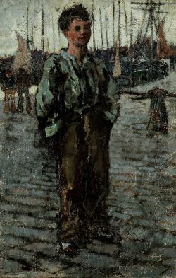 ‡ SIR FRANK BRANGWYN RA (1867-1956) oil on canvas - young dockworker standing on quayside, signed