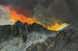 ‡ MALCOLM EDWARDS (Welsh b.1934) watercolour - entitled verso, 'Sundown, Crib Goch Pinnacles' on