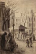 ERNEST ZOBOLE (Welsh 1927-1999) early ink wash on paper - Cardiff City Centre with shoppers, 49 x