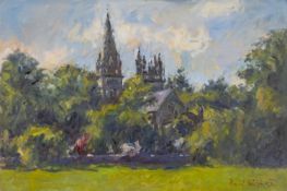 ‡ DAVID GRIFFITHS (Welsh b.1939) oil on canvas - summer at Llandaff Cathedral, signed, 50 x 75cms