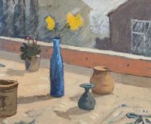 ‡ GARETH THOMAS (Welsh 1955-2019) acrylic on card - entitled verso, 'Still Life with Daffodils' on