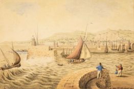 WYNFORD DEWHURST (1864-1941) watercolour - historical view of Swansea with shipping and figures,