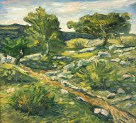 ‡ DAVID LLOYD GRIFFITH (Welsh b. 1956) oil on board - ancient Welsh hill-fort,entitled verso 'Pen