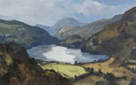 ‡ GARETH THOMAS (Welsh 1955-2019) acrylic on canvas - entitled verso, 'Llyn Gwynant' on Ffin-y-