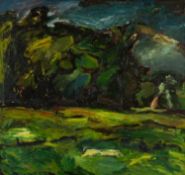 ‡ PETER PRENDERGAST (Welsh 1946-2007) oil on board - entitled verso, 'Trees Near Llys Meurig,