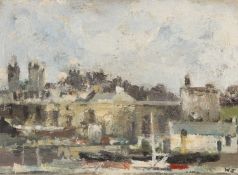 ‡ WILLIAM SELWYN (Welsh b.1933) early oil on board - entitled verso, 'Caernarfon from the