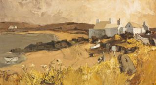 ‡ AUDREY HIND (b.1936) oil on board - entitled 'Trewan, Cemlyn Beach', signed, 49 x 90cms