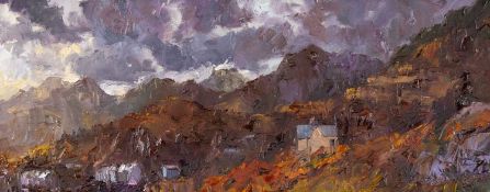 ‡ DAVID GROSVENOR (b.1956) oil on canvas - entitled verso, 'The Moelwyns from Tan y Grisiau' on