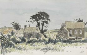 ‡ SIR KYFFIN WILLIAMS RA (Welsh 1918-2006) watercolour and pencil - landscape with houses and