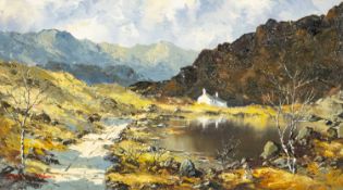 ‡ CHARLES WYATT WARREN (Welsh 1908-1993) oil on board - Eryri (Snowdonia) with whitewashed cottage