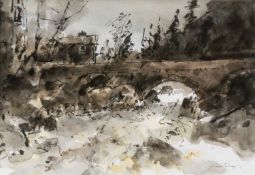 ‡ WILLIAM SELWYN (Welsh b.1933) mixed media - Pont y Pair Bridge, Betws-y-Coed, 27 x 39cms