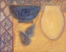 ‡ VIVIENNE WILLIAMS (Welsh b.1955) mixed media - entitled verso, 'Cream Pot with Blue Bowl &
