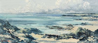 ‡ CHARLES WYATT WARREN (1908-1993) oil on board - possibly Trearddur, Anglesey on bright day with