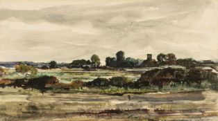 ‡ JOHN KNAPP-FISHER (1931-2015) early watercolour - believed Suffolk landscape with church tower,