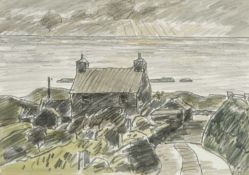 ‡ SIR KYFFIN WILLIAMS RA (Welsh 1918-2006) watercolour & pencil - Anglesey lane to farm and coast