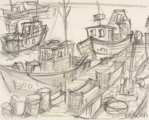 ‡ MIKE JONES (Welsh 1941-2022) graphite on paper - Swansea marina, entitled verso, 'Boats,