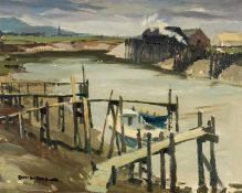 ‡ DONALD MCINTYRE (1923-2009) oil on board - entitled verso 'Grey Day, River Ely, Penarth' on