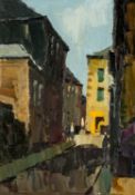‡ DONALD MCINTYRE (1923-2009) oil on board - entitled verso 'Street Scene, Brittany' on The Fine Art