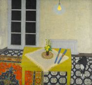 ERNEST ZOBOLE (Welsh 1927-1999) oil on canvas - standing dog gazing longingly at two packets of