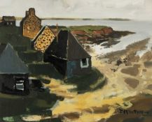 ‡ DONALD MCINTYRE (1923-2009) acrylic - English coastline, Northumberland, entitled verso, 'Houses