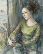 ‡ VALERIE GANZ (Welsh 1936-2015) mixed media - seated lady gazing out of a high window with